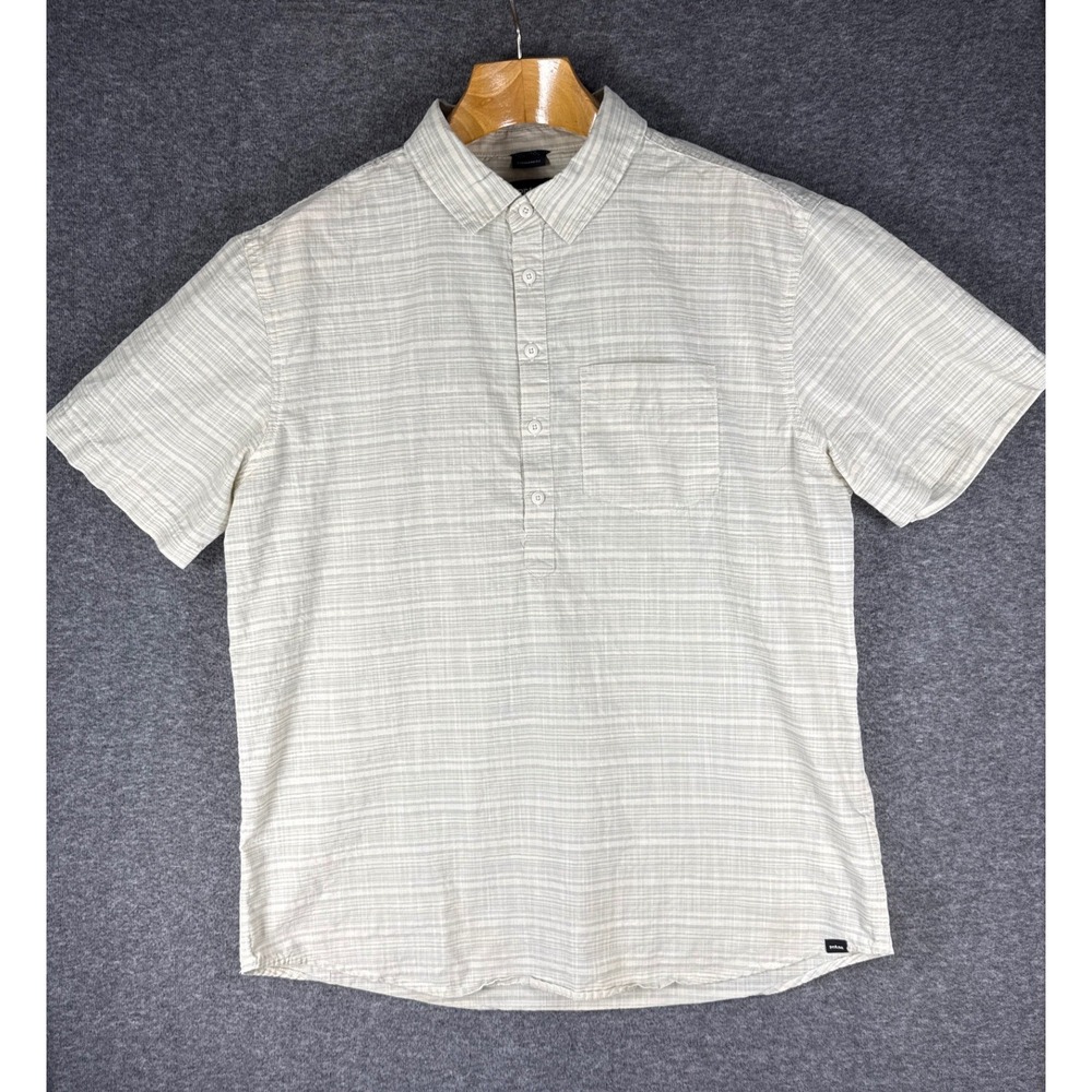 prAna Groveland Popover Henley Shirt Mens L Organic Cotton Slub Stripe 2057291